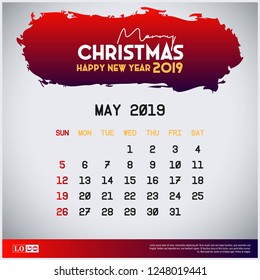 2019 May Calendar Template. merry Christmas and Happy new year Red Header background