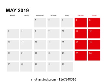 2019 May planner calendar design. Week starts from Monday. Vector illustration.