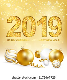 2019 Merry Christmas and Happy New Year card with gold glitter type, balls, serpentine and snow. Vector illustration.