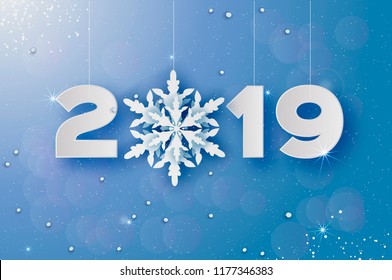 2019, Merry Christmas and Happy New Year Greetings card. White Paper cut snowflakes. Origami Decoration background. Seasonal holidays. Snowfall. Winter text. Blue. vector