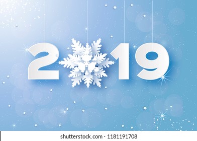 2019, Merry Christmas and Happy New Year Greetings card. White Paper cut snowflakes. Origami Decoration background. Seasonal holidays. Snowfall.Winter text. Blue.