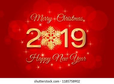 2019 Merry Christmas and Happy New Year greeting card. Background with golden numbers 2019 and snowflake. Vector Illustration.