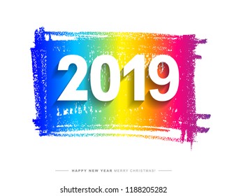 2019 Merry Christmas and Happy New Year card or background.
Creative universal artistic cover in trendy style with Hand Drawn textures. 
Hipster graphic design template. Rainbow colors. Vector illustr