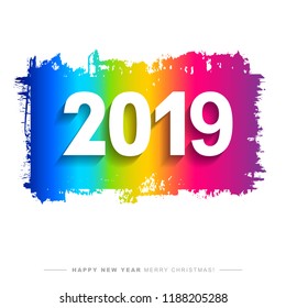 2019 Merry Christmas and Happy New Year card or background.
Creative universal artistic cover in trendy style with Hand Drawn textures. 
Hipster graphic design template. Rainbow colors. Vector illustr