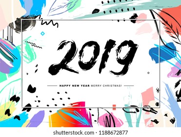 2019 Merry Christmas and Happy New Year card or background. 
Creative universal floral artistic cover in trendy style with Hand Drawn textures. 
Collage. Hipster graphic design template. Vector