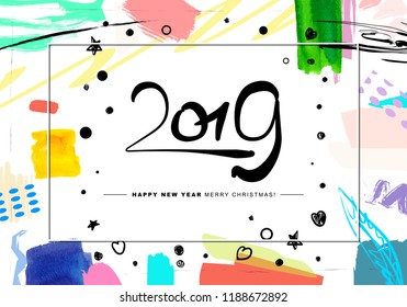 2019 Merry Christmas and Happy New Year card or background. 
Creative universal floral artistic cover in trendy style with Hand Drawn textures. 
Collage. Hipster graphic design template. Vector