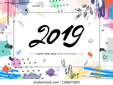 2019 Feliz Navidad y Feliz Año Nuevo o fondo. 
Tapa artística floral universal creativa de estilo moderno con texturas de mano dibujada. 
 Collage. Plantilla de diseño gráfico Hipster. Vector