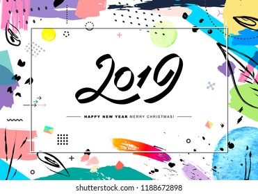 2019 Merry Christmas and Happy New Year card or background. 
Creative universal floral artistic cover in trendy style with Hand Drawn textures. 
Collage. Hipster graphic design template. Vector