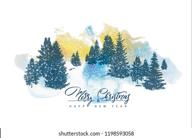 2019 Merry Christmas and Happy New year background with silhouettes forest trees and watercolor texture.Vector illustration for holiday greeting card, invitation, party flyer, poster, banner