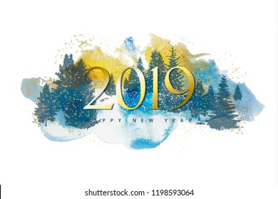 2019 Merry Christmas and Happy New year background with silhouettes forest trees and watercolor texture.Vector illustration for holiday greeting card, invitation, party flyer, poster, banner