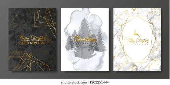 2019 Merry Christmas and Happy New Year Luxury cards collection with marble and watercolor texture and Golden geometric shape .Vector trendy background. 2019 Merry Christmas and Happy New Year Luxury cards collection with marble and watercolor texture and Golden geometric shape .Vector trendy background.
