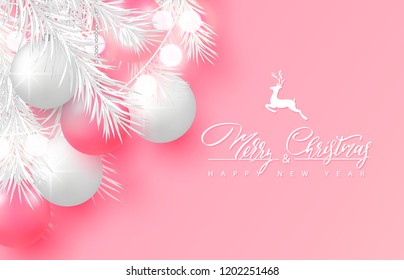 2019 Merry Christmas and Happy New Year background for holiday greeting card, poster, banner. Beautiful tree balls,garland,white tree branches and lettering on pink background. Vector illustration.