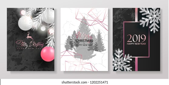 2019 Merry Christmas and Happy New Year Luxury cards collection with marble texture, Christmas balls, garland, shiny snowflakes and pink gradient shapes.Vector trendy background.