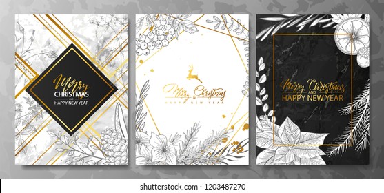 2019 Merry Christmas and Happy New Year Luxury cards collection with marble texture,Golden geometric shape and hand-drawn winter plants .Vector trendy background