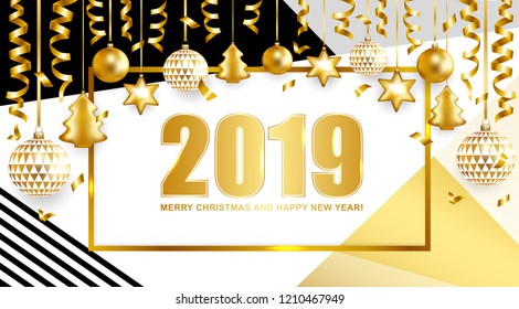 2019 Merry Christmas and Happy New Year card with balls and serpentine on geometric background. Vector illustration.