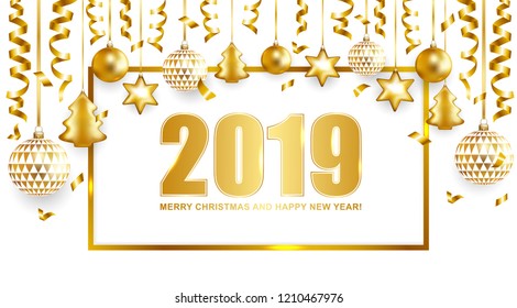 2019 Merry Christmas and Happy New Year card with balls and serpentine. Vector illustration.