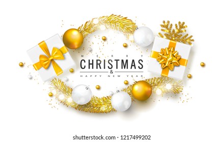 2019 Merry Christmas and Happy New year background with Christmas balls,gift boxes and tinsel.Vector illustration for holiday greeting card, invitation, party flyer, poster, banner.