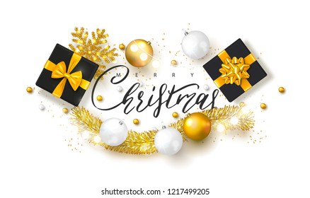 2019 Merry Christmas and Happy New year background with Christmas balls,gift boxes and tinsel.Vector illustration for holiday greeting card, invitation, party flyer, poster, banner.