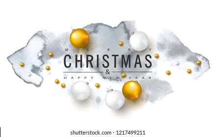 2019 Merry Christmas and Happy New year background with Christmas balls and watercolor texture.Vector illustration for holiday greeting card, invitation, party flyer, poster, banner.