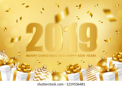 2019 Merry Christmas and Happy New Year card with gifts, balls and confetti. Vector illustration.