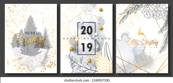 2019 Merry Christmas and Happy New Year Luxury cards collection with watercolor texture and Golden geometric shape .Vector trendy background.