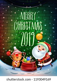 2019 Merry Christmas and New Year symbol. Santa Claus on a winter background with gifts, Christmas toys, star, candy, sweets and symbols of 2019 pig.Decoration poster card holiday background. Winter.