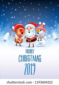 2019 Merry Christmas & New Year poster. Santa Claus Snowman, and symbol of 2019 year Pig sing a Christmas song around the Christmas tree in a snowy meadow. invitation card and holiday template.Vector