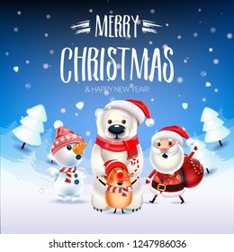 2019 Merry Christmas & New Year poster Santa Snowman, bear and symbol of 2019 year Pig sing a Christmas song around the Christmas tree in a snowy meadow. invitation card and holiday template. Vector