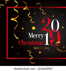 2019. Merry Christmas stylish card, on a black background. Vector illustration