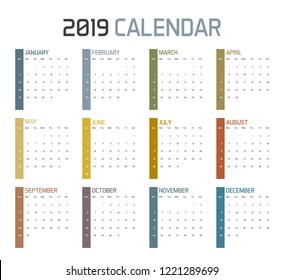 2019 Minimal Calendar Template in one page. Vector format with different colors for each month. 