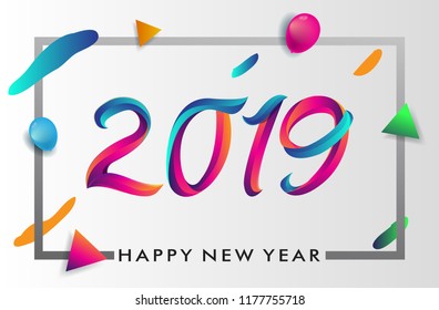 2019 modern and colorful logotype, happy new year  2019 sign with balloon and confetti, vector illustration