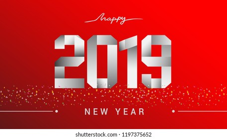 2019 modern logotype with confetti, happy new year  2019 sign, vector illustration