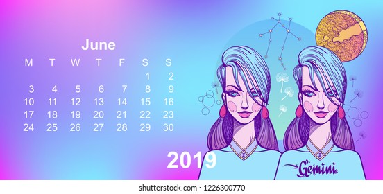 2019 monthly calendar Gemini Zodiac signs. Office gift.