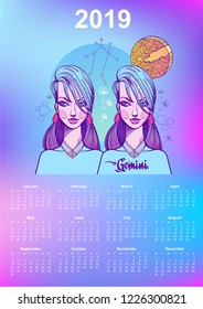 2019 monthly calendar Gemini Zodiac signs. Office gift.