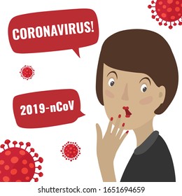 Сoronavirus 2019 nCoV concept. Surprised and frightened woman, coronaviruses influenza. Dangerous chinese nCoV coronavirus, SARS pandemic risk alert. Vector illustration