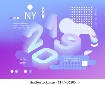 2019 neon holographic Memphis style. Banner with 2019 Numbers. Vector New Year illustration.