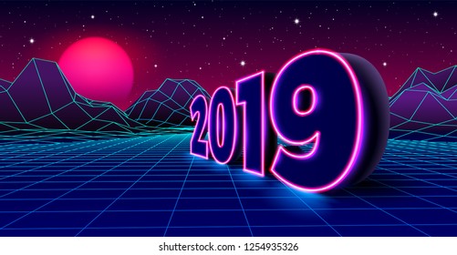 2019 neon sign for New Years Eve celebration with 80s styled arcade game grid landscape and purple sun