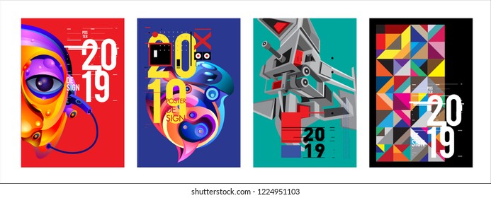 2019 New Abstract Poster Background Design Template. Vector Illustration and Typography Colorful Collage Cover and Page Layout Design Template in eps10. 