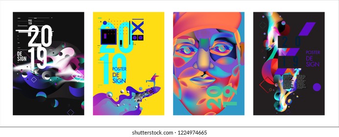 Plantilla de diseño de fondo de afiches abstractos 2019. Ilustración vectorial y tipografía Tapa colorida y plantilla de diseño de página en eps10.