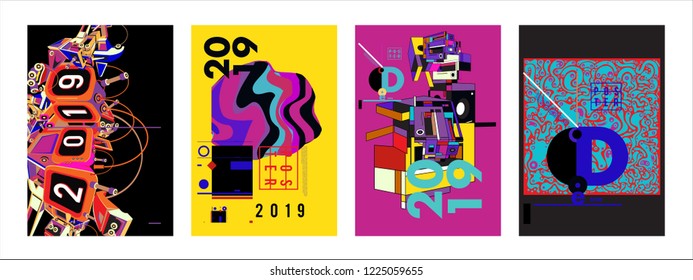 Plantilla de diseño de fondo de afiches abstractos 2019. Ilustración vectorial y tipografía Tapa colorida y plantilla de diseño de página en eps10.