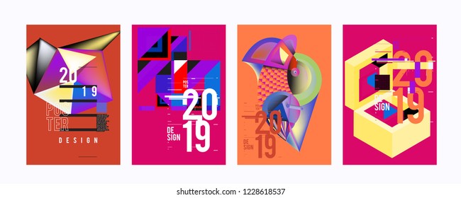 Plantilla de diseño de fondo de afiches abstractos 2019. Ilustración vectorial y tipografía Tapa colorida y plantilla de diseño de página en eps10.