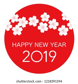2019 New Year’s card element with a red circle, white cherry blossom petals. Vector illustration.