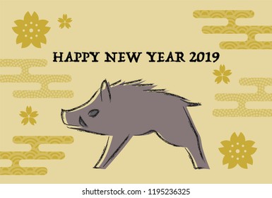 2019 New Year’s card: Year of the boar and Japanese traditional pattern