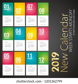 2019 New Desk Calendar monthly numbers color background