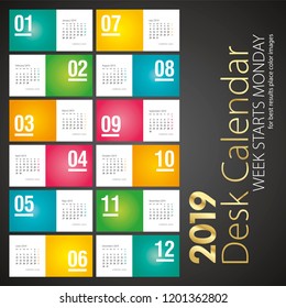 2019 New Desk Calendar monthly numbers color landscape background