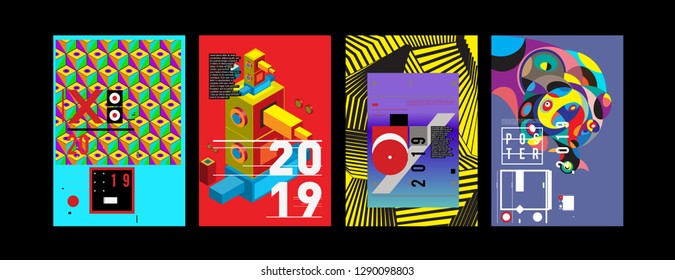 2019 New Poster and Cover Design Template for Magazine. Trendy Vector Typography and Colorful Illustration Collage for Cover and Page Layout Design Template in eps10.