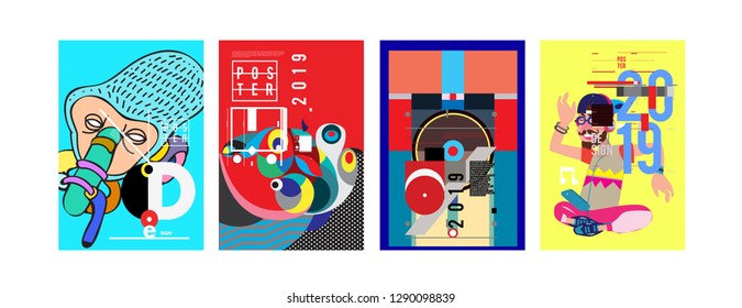 2019 New Poster and Cover Design Template for Magazine. Trendy Vector Typography and Colorful Illustration Collage for Cover and Page Layout Design Template in eps10.