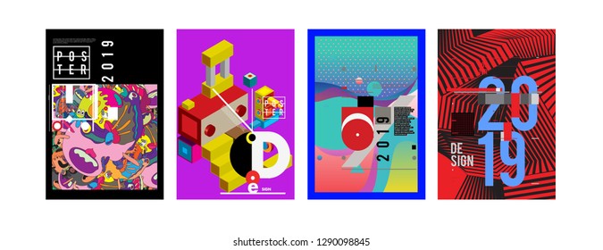 2019 New Poster And Cover Design Template For Magazine. Trendy Vector Typography And Colorful Illustration Collage For Cover And Page Layout Design Template In Eps10.