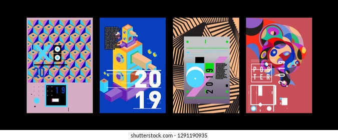2019 New Poster and Cover Design Template for Magazine. Trendy Vector Typography and Colorful Illustration Collage for Cover and Page Layout Design Template in eps10.