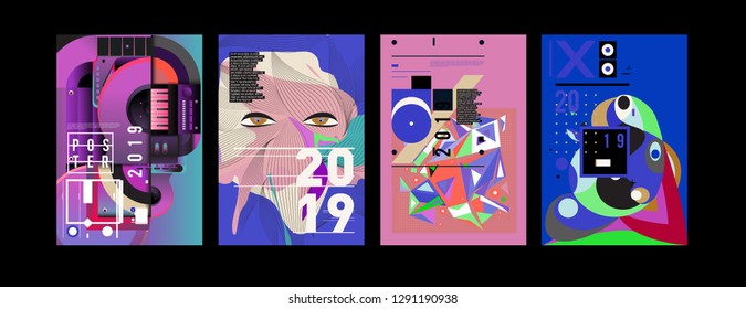 2019 New Poster and Cover Design Template for Magazine. Trendy Vector Typography and Colorful Illustration Collage for Cover and Page Layout Design Template in eps10.